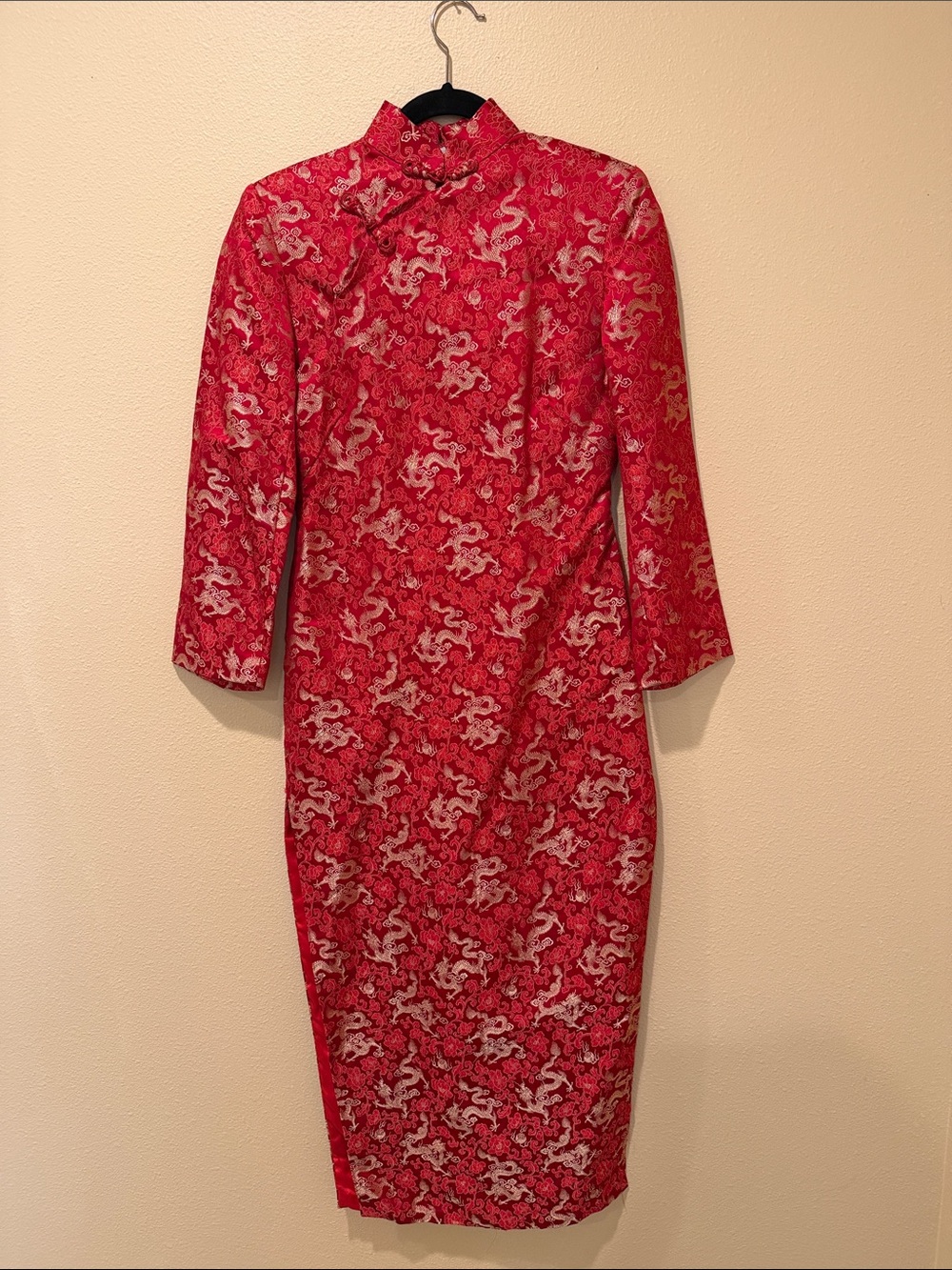 Traditional Red Dragon-Print Mandarin Dress (qipao)